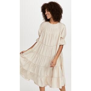 Merlette Paradis Dress Midi Tiered Crochet Elbow-Length Sleeve - M - Light Beige